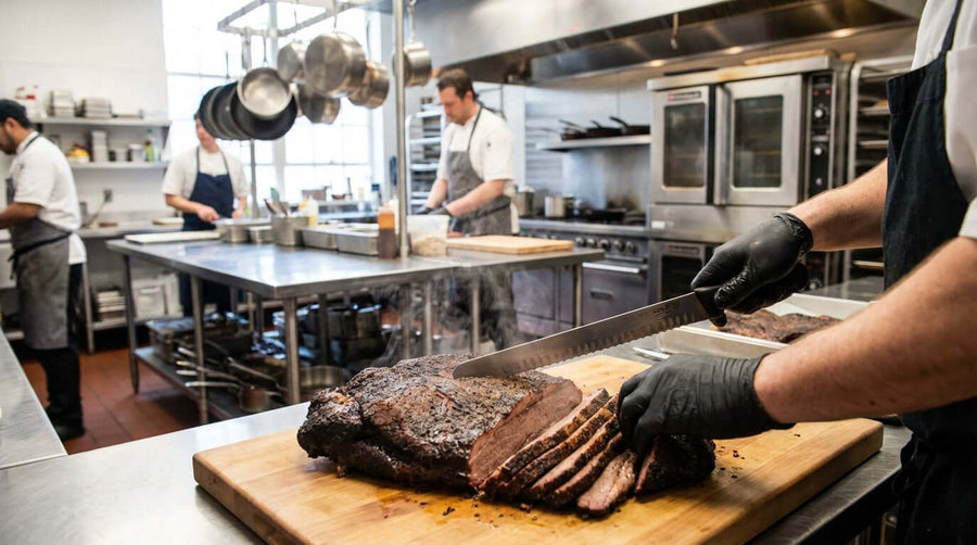 Chef demonstrating how to carve brisket, slicing smoked brisket on a cutting board in a professional kitchen