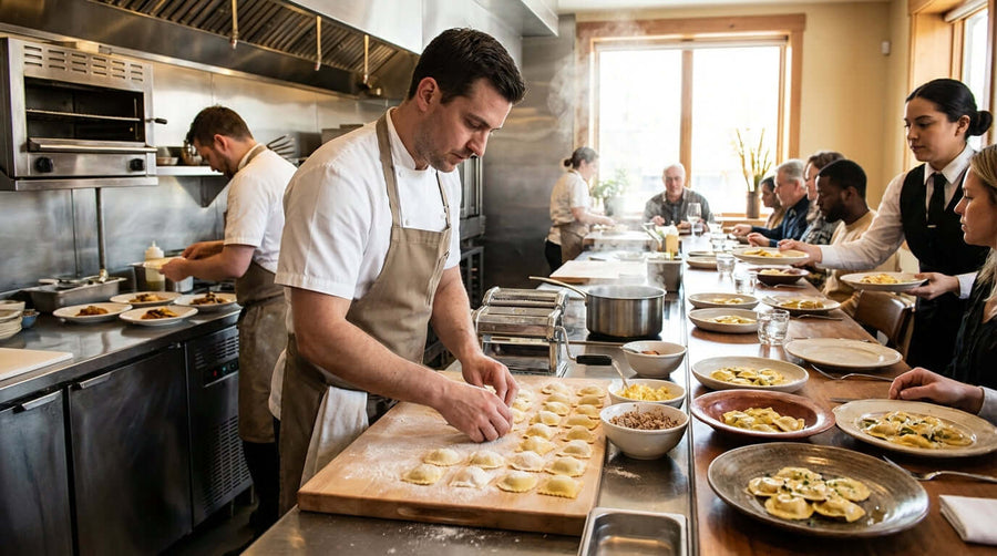 Alt Tag: Chef preparing fresh ravioli in restaurant kitchen and plating pasta for diners, how to market house-made ravioli