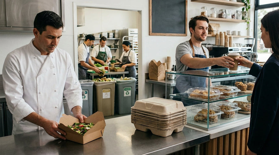 Alt Tag: Food service staff using BPI certified ASTM compliant compostable containers for takeout packaging in a sustainable cafe kitchen
