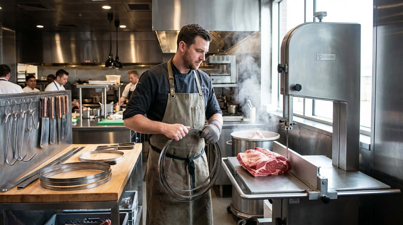Choosing the Right Blade for Your Commercial Band Saw: A Butchers Guide - butcher preparing meat beside commercial band saw in shop