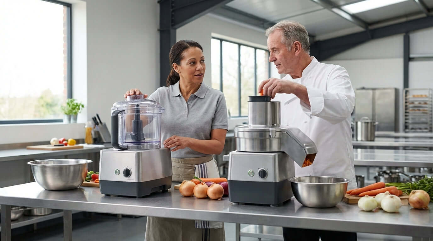 batch bowl vs continuous feed food processor comparison in commercial kitchen chefs using both models for fast prep efficiency