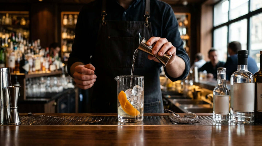 Balise alternatif : La mesure d’un classique : pourquoi le versement précis est la clé des cocktails parfaits — barman versant avec précision des spiritueux dans un verre glacé