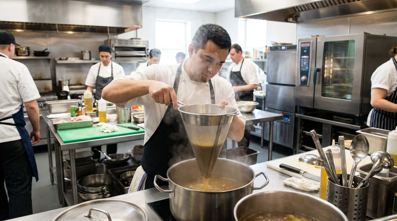 The Unsung Hero: How the Humble Strainer Boosts Food Safety and Quality in a commercial kitchen chef straining hot stock for safety