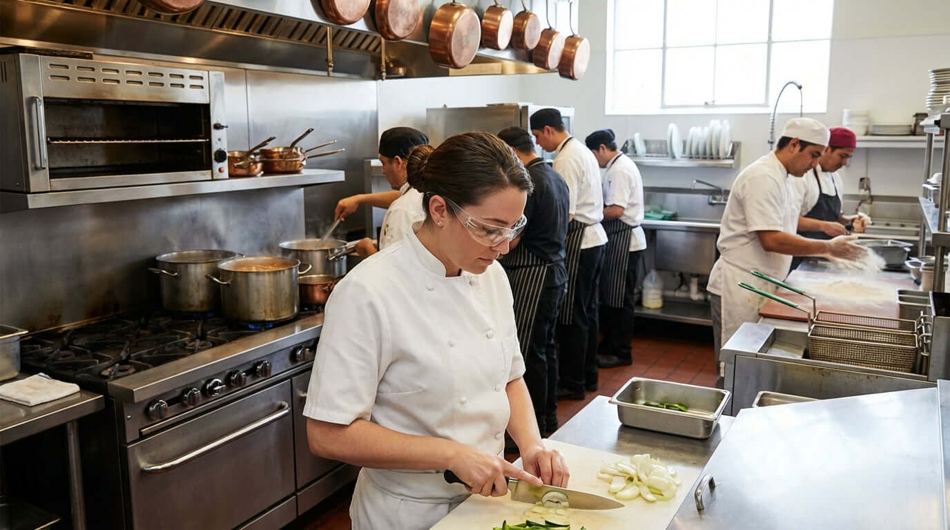 Alt Tag: The Ultimate Guide to Choosing Safety Glasses for Your Restaurant Kitchen – chef wearing safety glasses while prepping food in busy kitchen