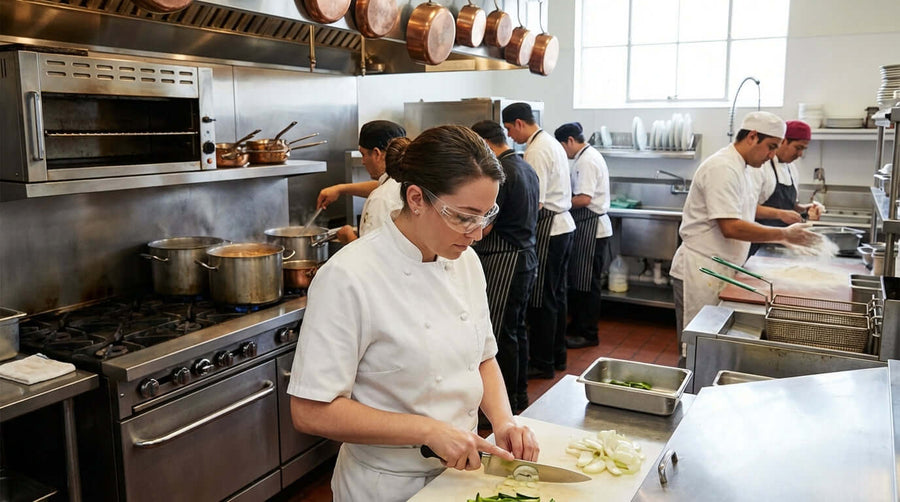 Alt Tag: The Ultimate Guide to Choosing Safety Glasses for Your Restaurant Kitchen – chef wearing safety glasses while prepping food in busy kitchen