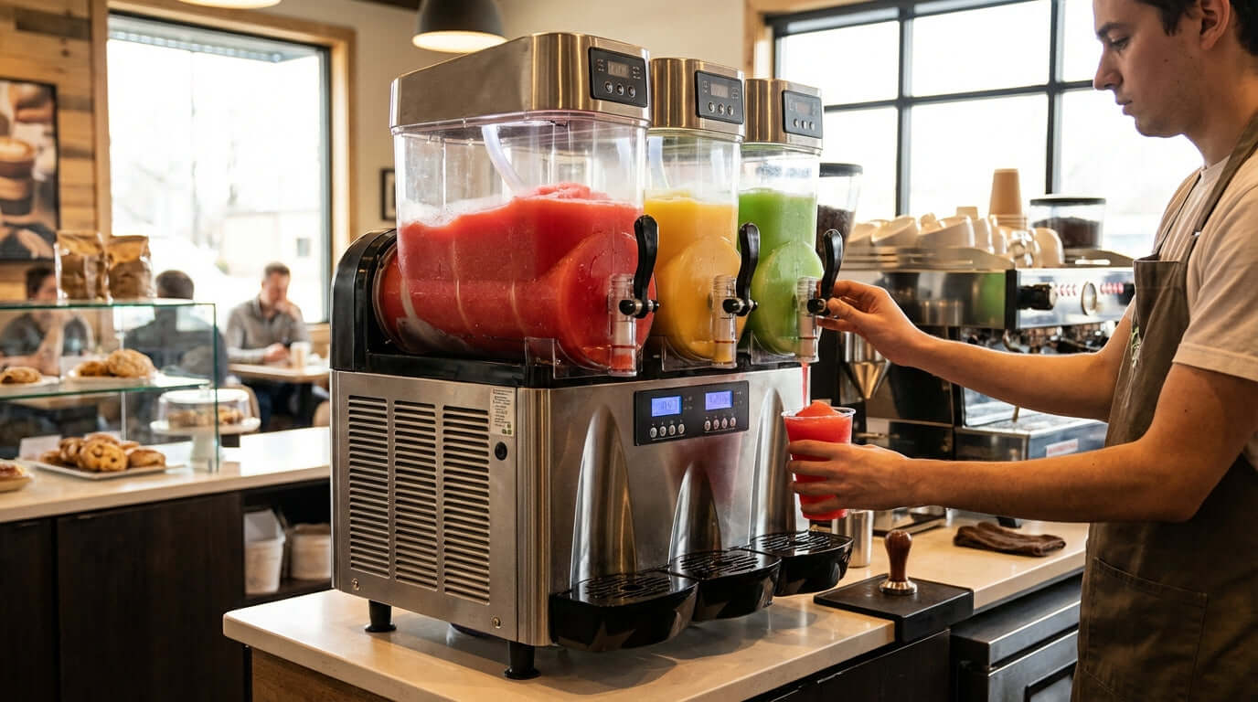 Why Every Convenience Store and Cafe Needs a Frozen Beverage Dispenser - cafe worker serving slush drinks from triple frozen dispenser