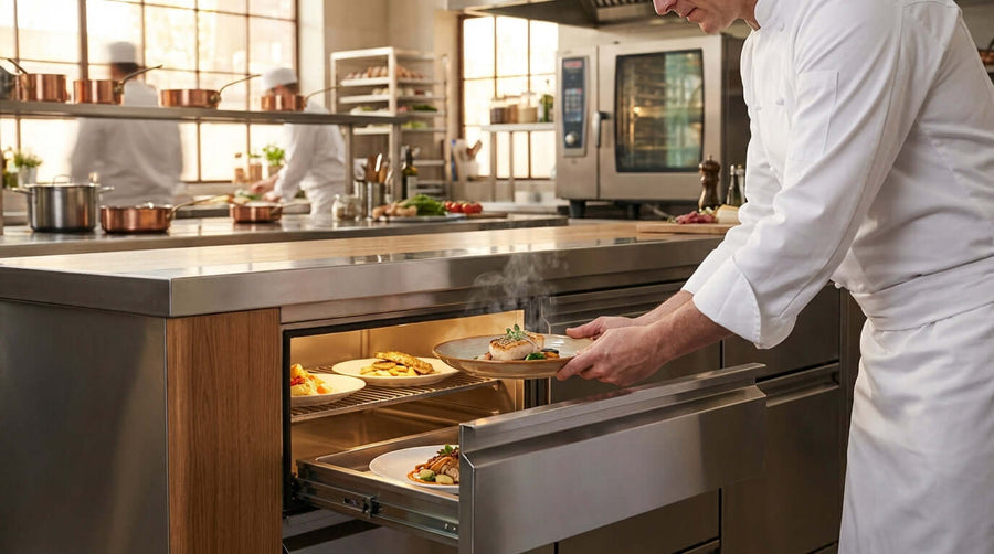 Alt Tag: Say Goodbye to Cold Complaints: How Warming Drawers Guarantee Perfect Serving Temperatures — chef plating hot dishes from warming drawer