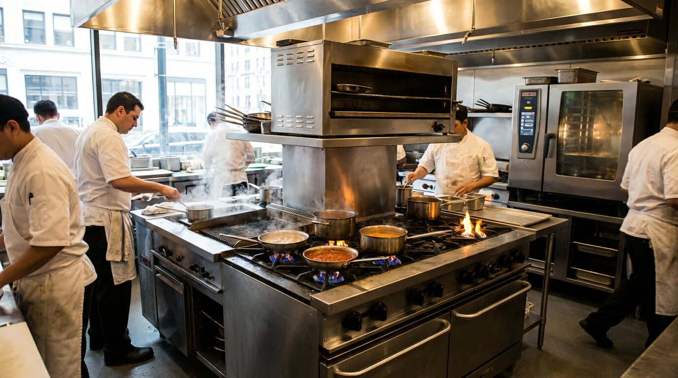 Decoding BTUs: What They Mean for Your Kitchens Performance in a busy commercial kitchen with chefs cooking on a high-BTU gas range