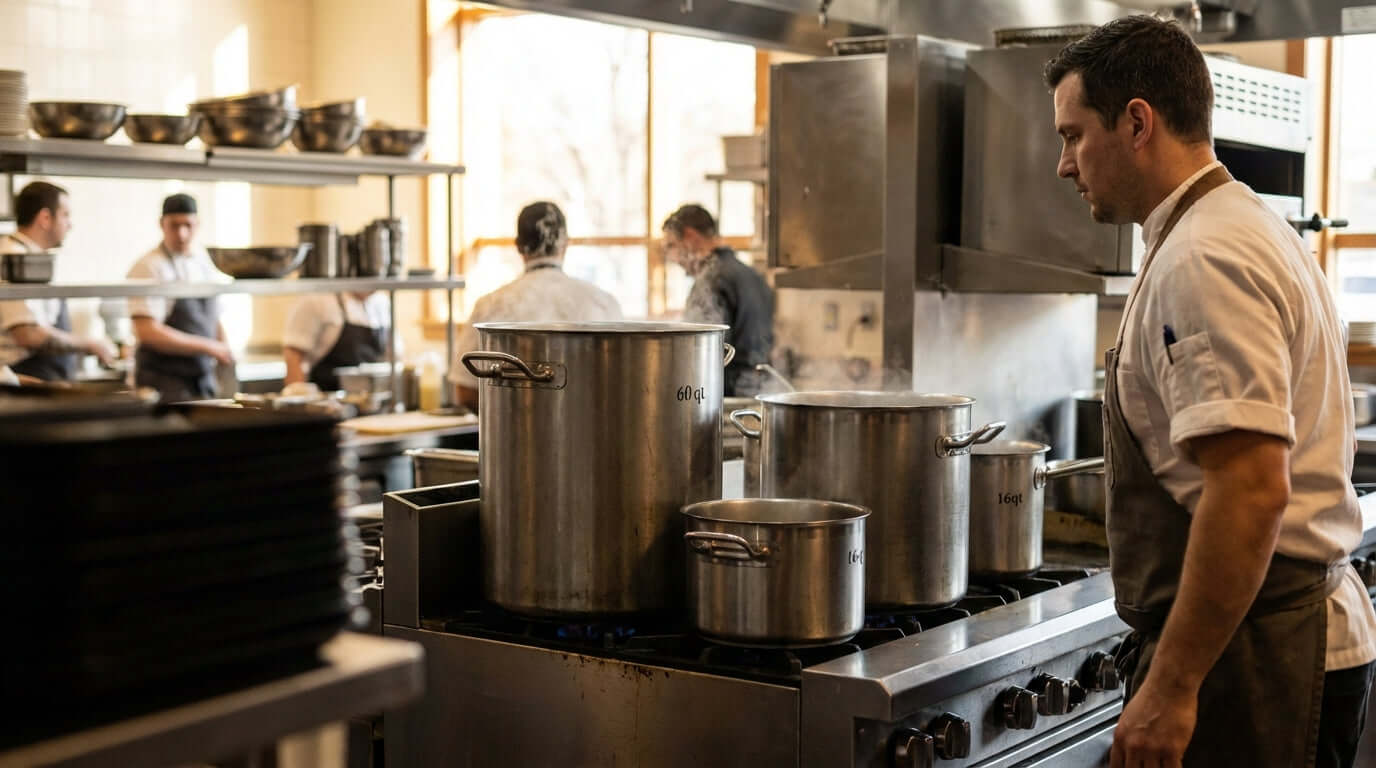 Alt Tag: Chef in commercial kitchen with multiple stock pots on stove - What Size Stock Pot Do I Need? A Sizing Guide for Restaurants