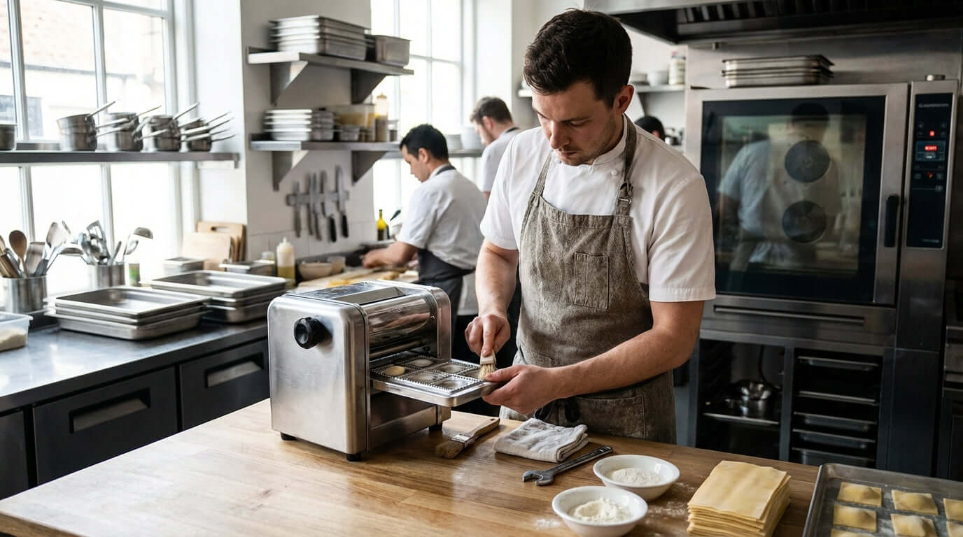 Alt Tag: Keep it Running: Essential Maintenance Tips for Your Ravioli Maker chef cleaning ravioli maker in commercial kitchen for smooth pasta production