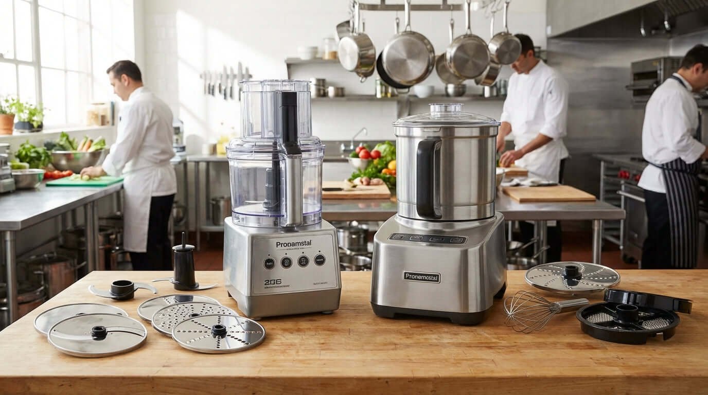 Robot Coupe vs Waring food processor discs and accessories displayed in a commercial kitchen prep area with chefs and slicing discs