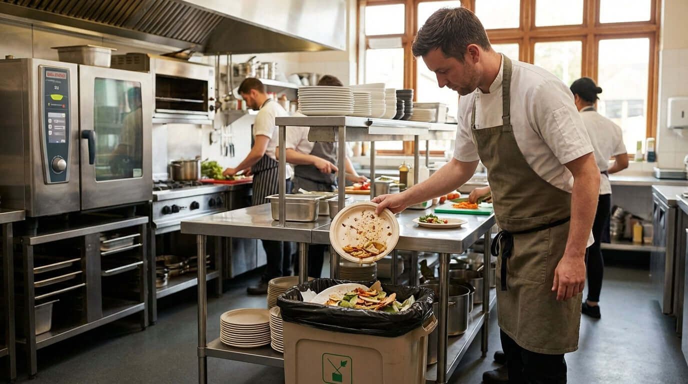Beyond the Bin: A Simple Guide to Composting Paper Plates – chef composting used paper plates in restaurant kitchen