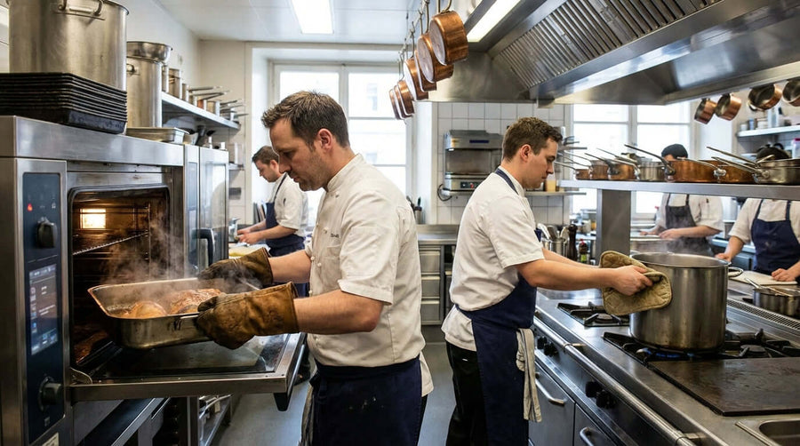 The Ultimate Guide to Oven Mitt and Pot Holder Safety & Care in commercial kitchen, chefs using oven mitts and pot holders handling hot pans