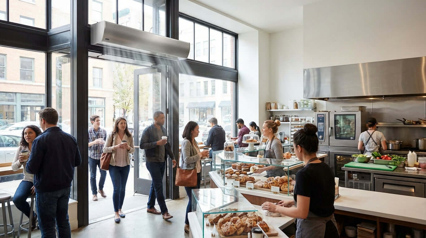Comment fonctionne la technologie des rideaux d’air (et pourquoi c’est excellent pour votre entreprise) dans une entrée de café animée avec porte ouverte et comptoir de service