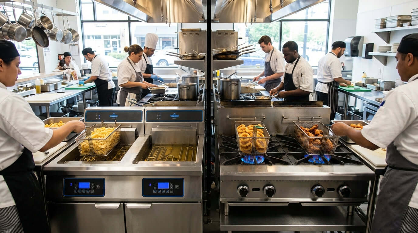 Electric vs. Gas Floor Fryers: Which is Right for Your Restaurant? commercial kitchen chefs operating electric and gas floor fryers