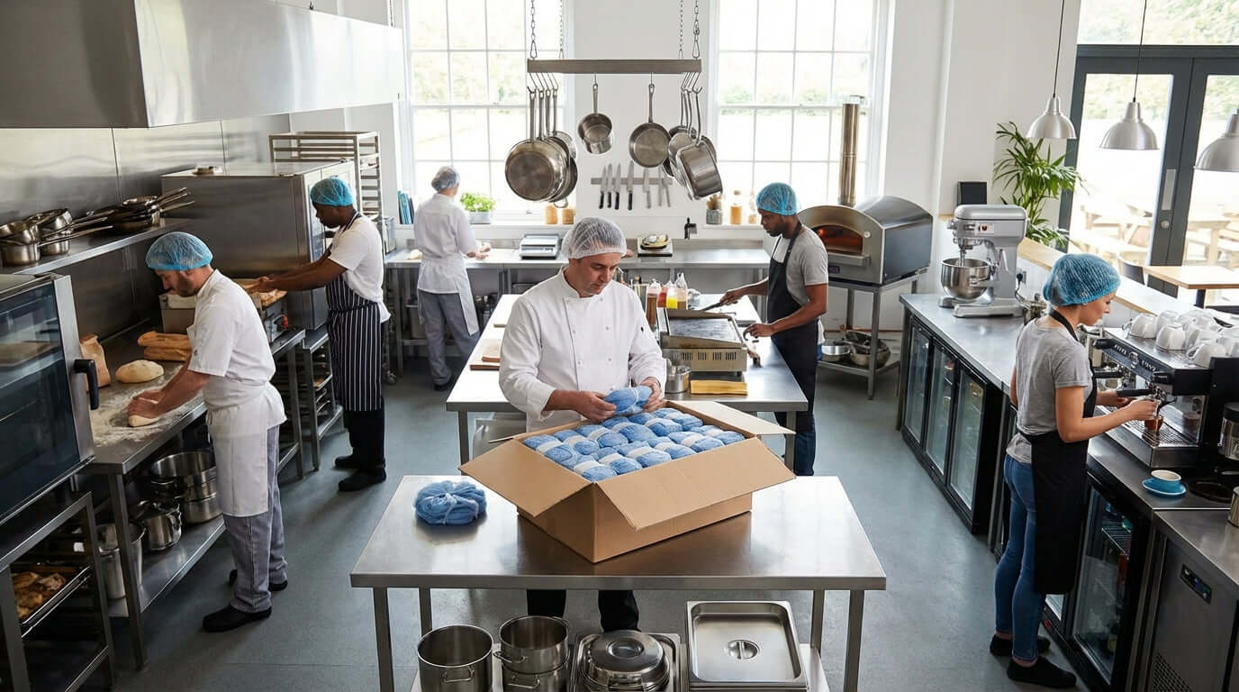 FDA approved hairnets bulk buying guide: food service staff wearing blue hairnets in commercial kitchen for hygiene and compliance