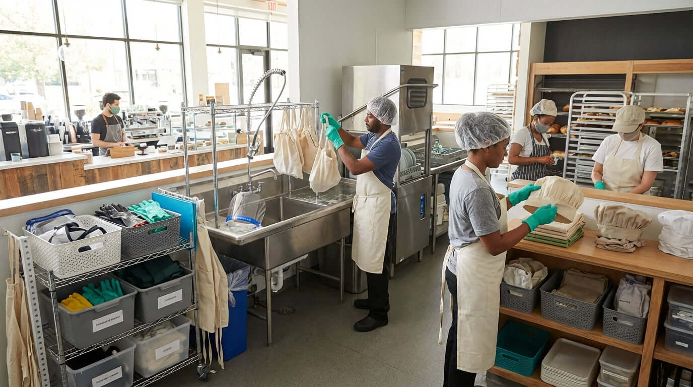 The Ultimate Guide to Cleaning and Storing Reusable Protective Gear in a commercial kitchen staff washing and organizing PPE