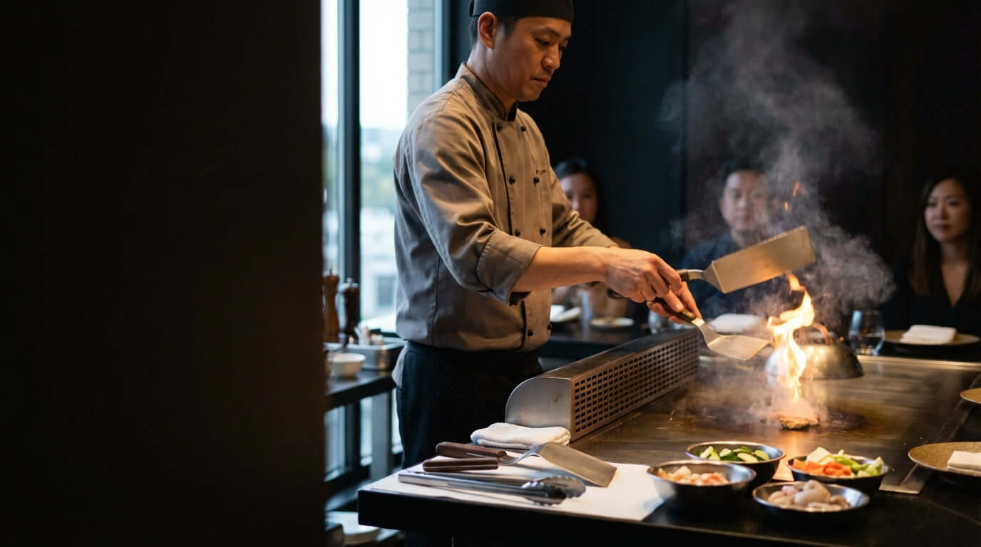 Mastering the Flair: 5 Essential Teppanyaki Performance Techniques for Chefs teppanyaki chef performing flame show at hibachi grill