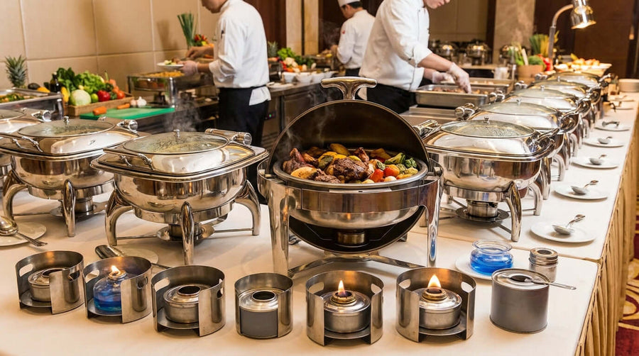 Chafer Fuel 101: Choosing the Right Heat Source for Your Buffet with chafing dishes and buffet line kept hot by chafer fuel cans