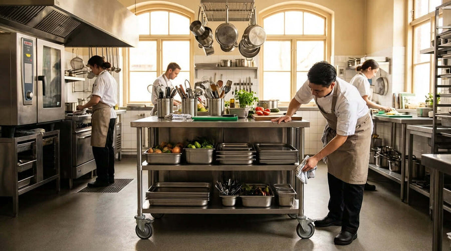 Prolongez la durée de vie de vos chariots : une liste de vérification simple pour l’entretien - roues de plateau de nettoyage de chef dans une cuisine commerciale animée