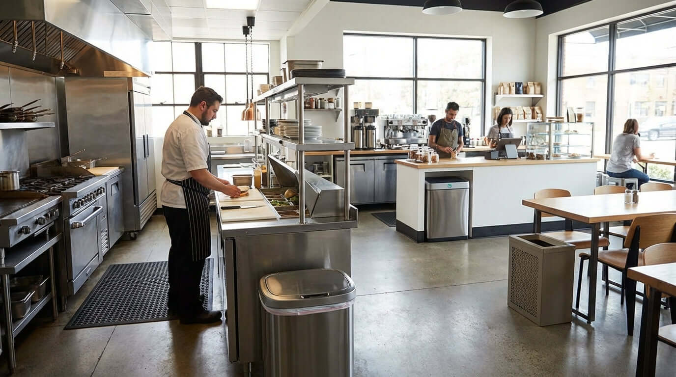 Restaurant kitchen and dining area showing best places to put trash cans in a business near prep stations and customer tables