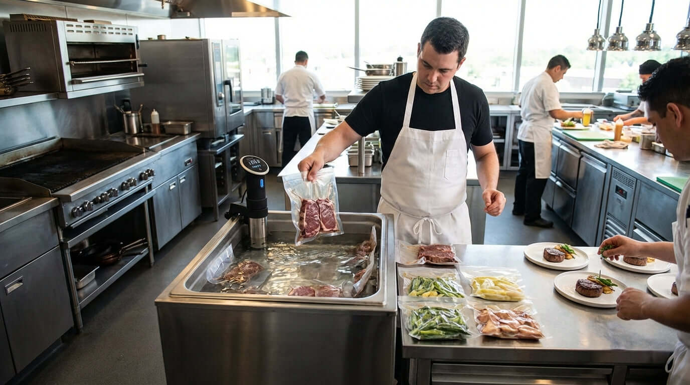 The ROI of Sous Vide: How Precision Cooking Reduces Waste and Labor Costs chef vacuum-sealing meat in commercial kitchen sous vide prep
