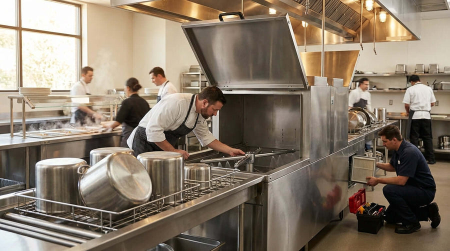 Top 5 Maintenance Tips to Extend the Life of Your Commercial Pot Washer: staff cleaning and servicing commercial pot washer in restaurant kitchen