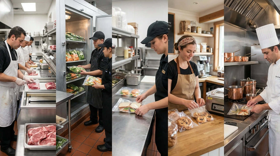 5 Ways Vacuum Sealing Can Slash Your Commercial Kitchens Food Waste in busy restaurant kitchen, chefs sealing meat and meals for storage