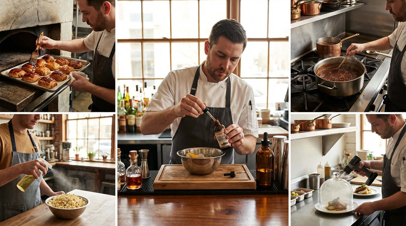 Beyond the Grill: 5 Innovative Ways to Use Liquid Smoke Aroma chef adding liquid smoke to dishes in restaurant kitchen collage