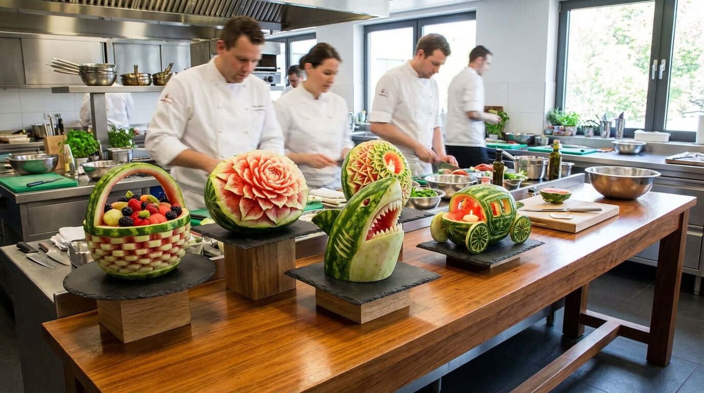 Alt Tag: Beyond the Slice: 5 Creative Watermelon Carvings for Stunning Event Displays in catering kitchen with chefs and carved watermelon centerpieces