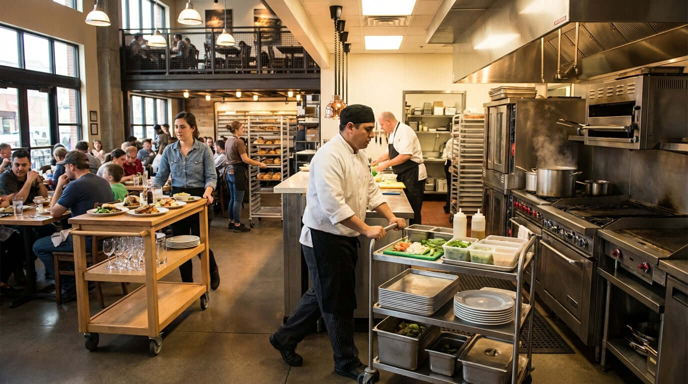 5 Ways Utility Carts Can Revolutionize Your Restaurants Efficiency - busy restaurant kitchen staff using utility cart to streamline food prep and service