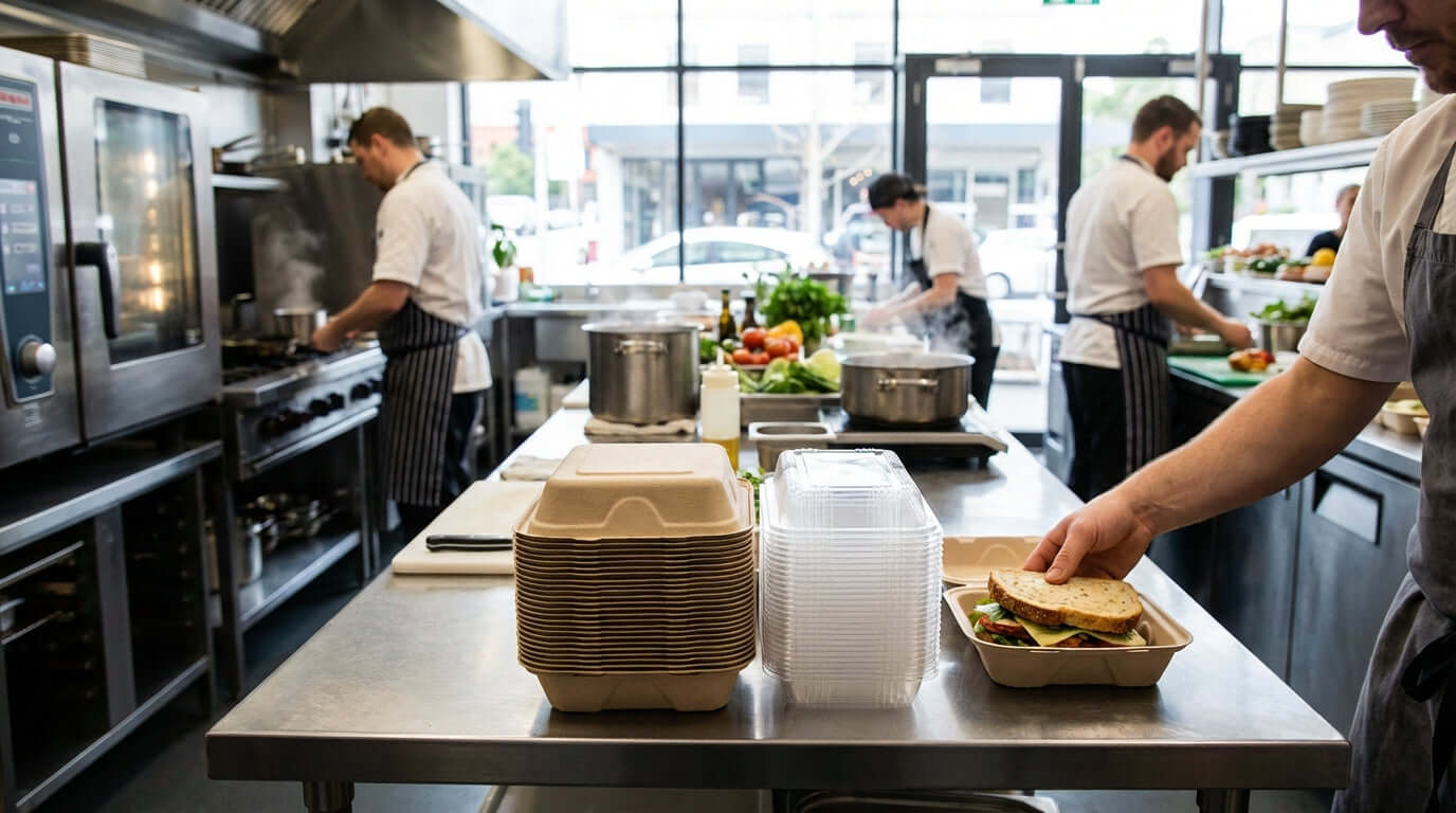 Compostable containers in a busy restaurant kitchen, compostable food containers cost-benefit analysis for food service businesses