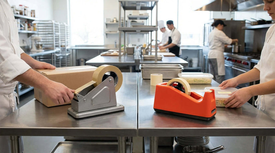 Plastic vs. Metal Tape Dispensers: Which is Best for Your Business? plastic and metal tape dispensers on prep table in commercial kitchen