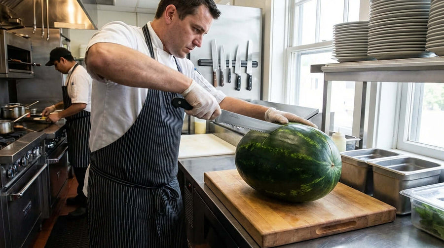 The Ultimate Guide: How to Choose the Best Watermelon Knife for Your Food Service Business chef slicing watermelon in commercial kitchen