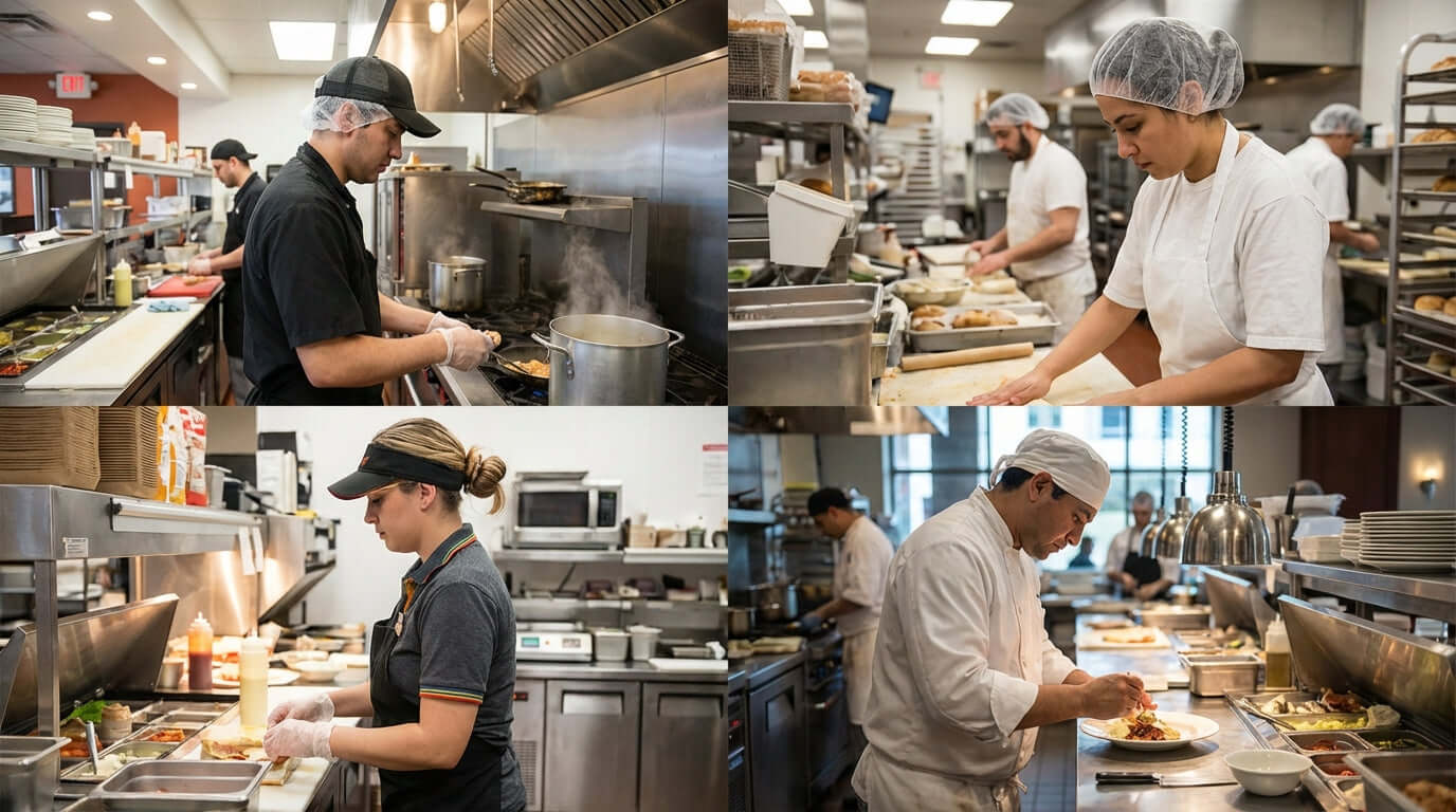 HACCP compliance hair restraints in commercial kitchen staff wearing hairnets and caps while preparing food on prep lines