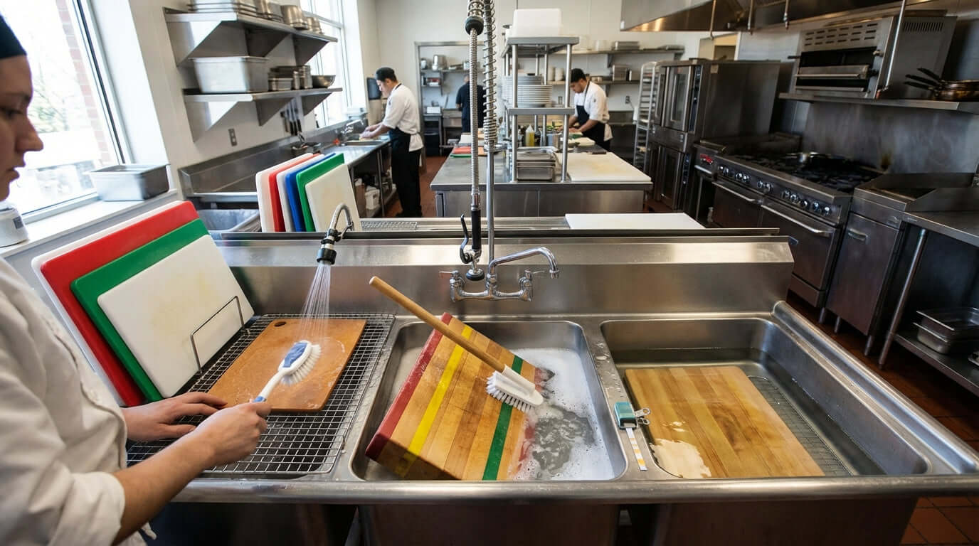 How to Properly Clean and Sanitize Your Cutting Boards to NSF Standards in a commercial kitchen sink with color-coded boards and scrubbing brush