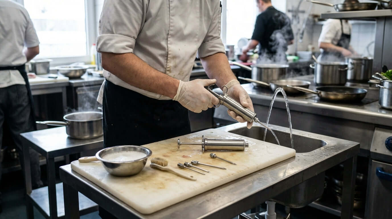 Keep it Pumping: Essential Cleaning and Maintenance Tips for Your Meat Injector - chef rinsing meat injector parts at sink in commercial kitchen