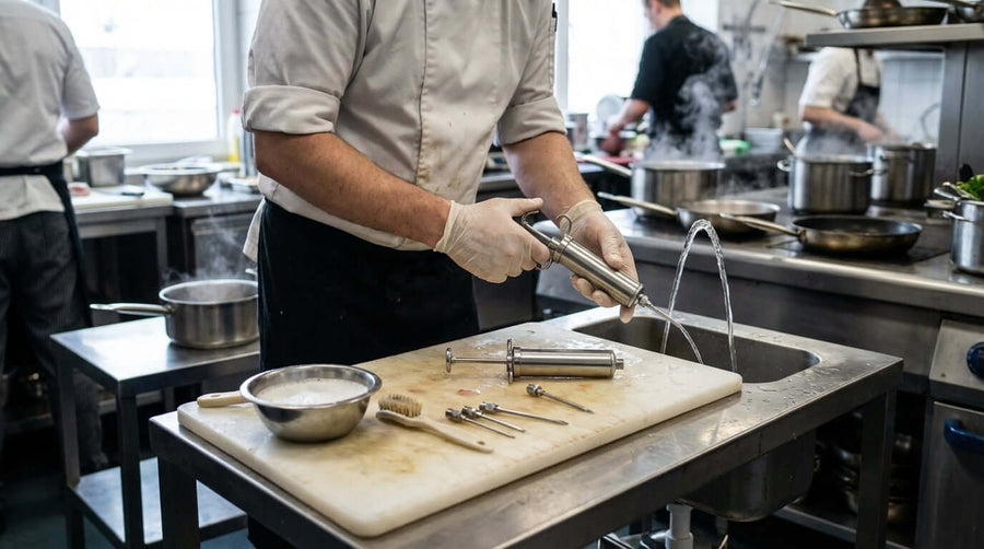 Keep it Pumping: Essential Cleaning and Maintenance Tips for Your Meat Injector - chef rinsing meat injector parts at sink in commercial kitchen