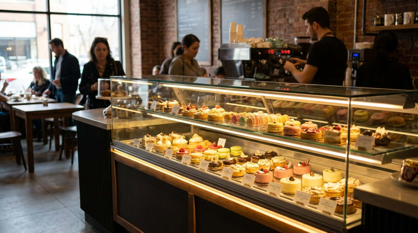 The Role of LED Lighting in Modern Dessert Showcases in a cafe pastry display case with illuminated cakes and desserts