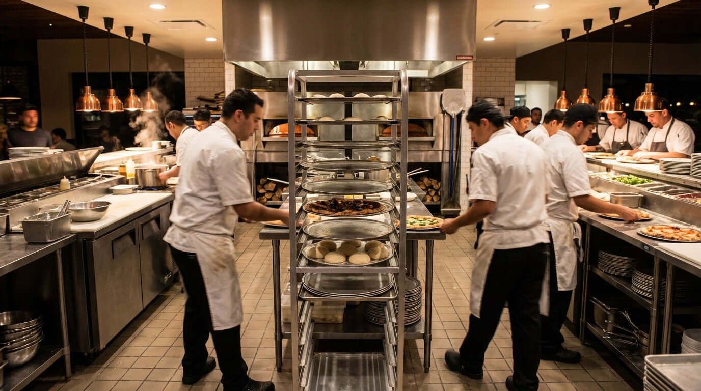 Alt Tag: Busy commercial pizza kitchen with pan rack; 5 Ways a Pizza Pan Rack Can Revolutionize Your Kitchen Workflow