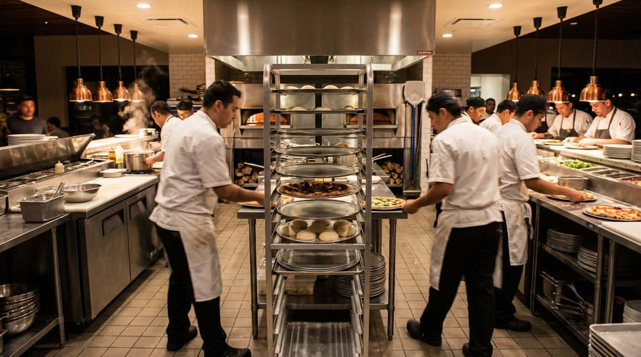 Alt Tag: Busy commercial pizza kitchen with pan rack; 5 Ways a Pizza Pan Rack Can Revolutionize Your Kitchen Workflow