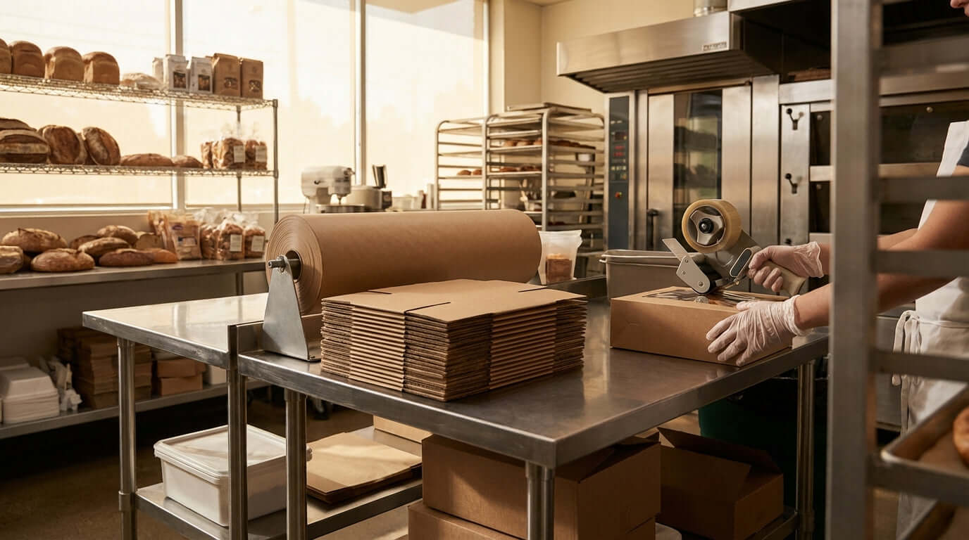 Stop Wasting Tape: A 5-Step Guide to Optimizing Your Packaging Station - worker taping cardboard boxes at commercial kitchen packing station