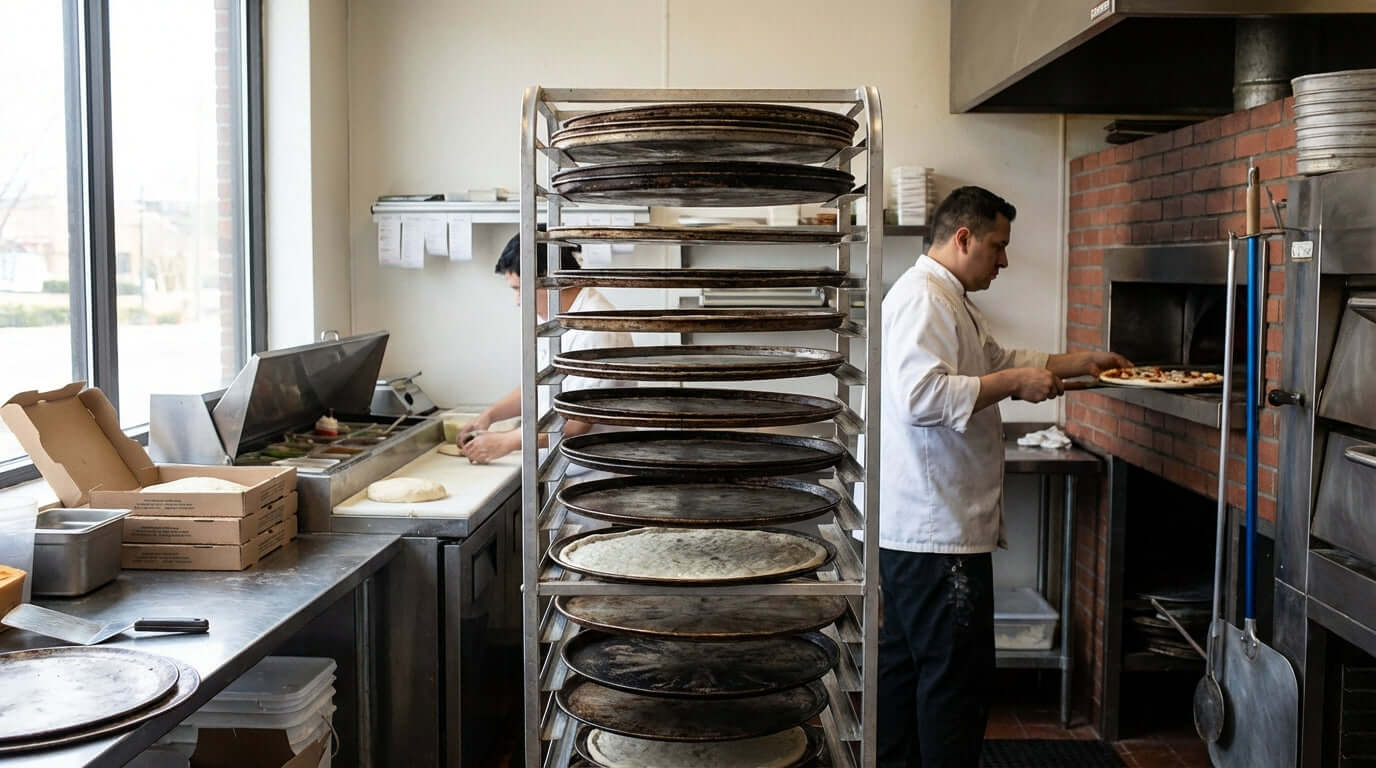 How to Choose the Right Pizza Pan Rack for Your Restaurant - tall pizza pan rack with stacked trays in busy restaurant kitchen