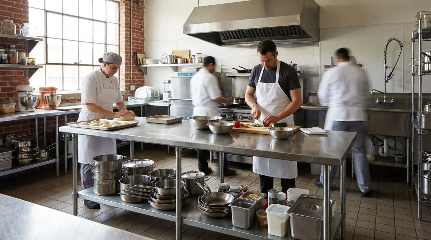 The Ultimate Guide to Choosing the Right Stainless Steel Work Table in a commercial kitchen with chefs prepping food on stainless work tables