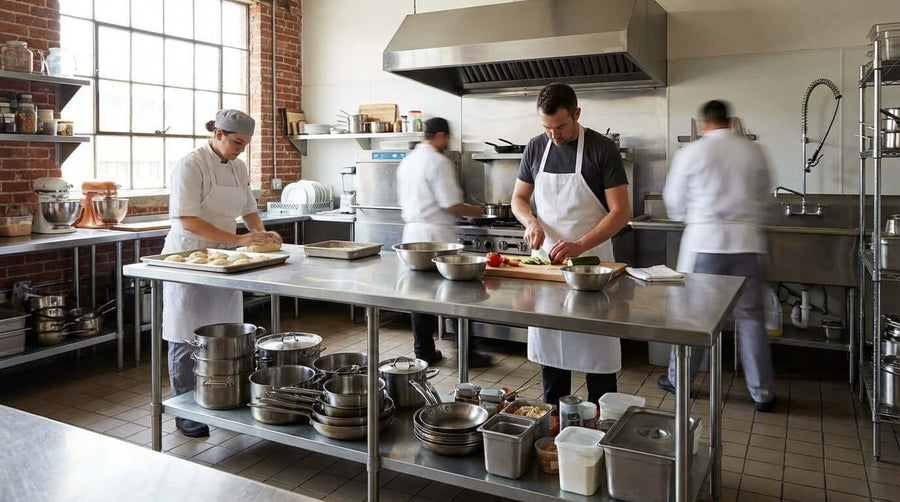 The Ultimate Guide to Choosing the Right Stainless Steel Work Table in a commercial kitchen with chefs prepping food on stainless work tables