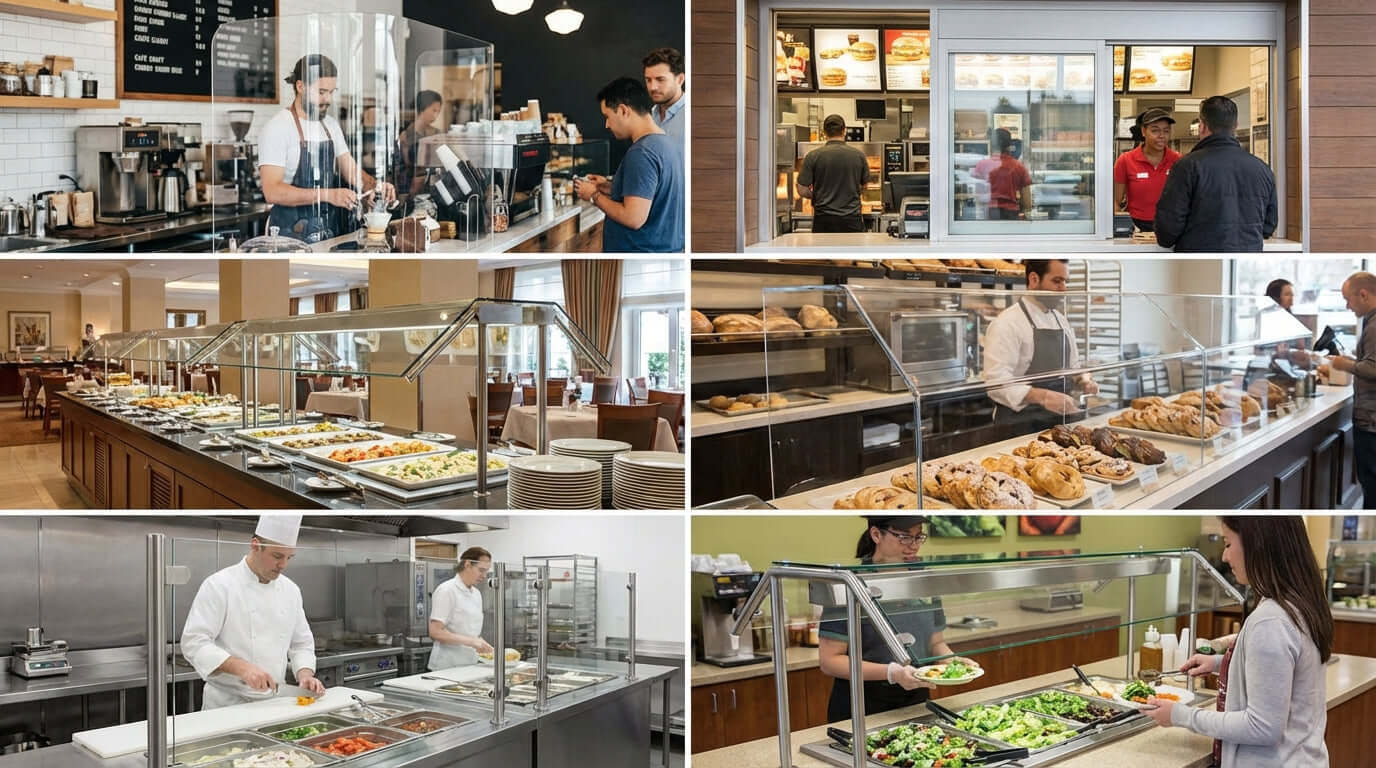 The Ultimate Guide to Choosing the Right Sneeze Guard featuring clear food-service sneeze guards at cafe counter, bakery case, and buffet line