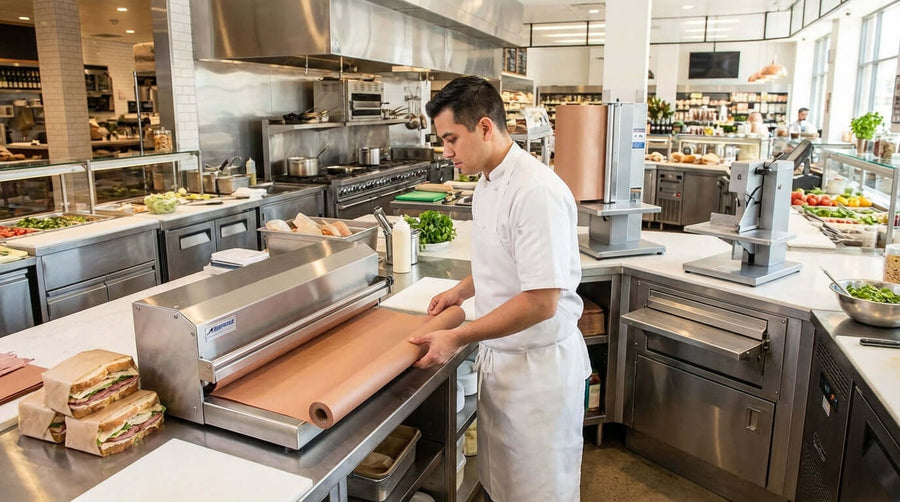 The Ultimate Guide: Choosing the Right Paper Cutter for Your Restaurant or Deli chef using paper cutter to cut butcher paper in commercial kitchen