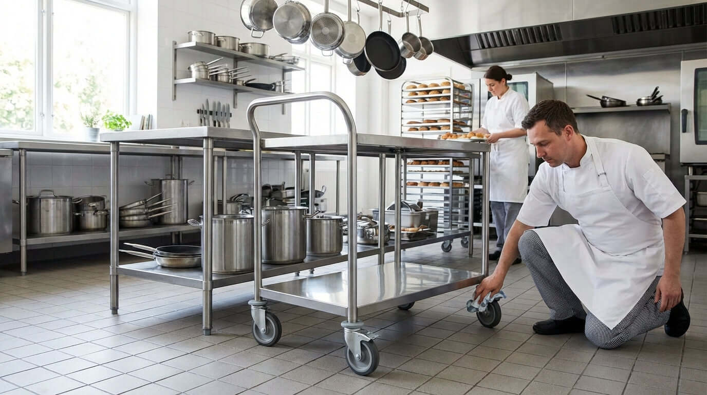 Keep on Rolling: A Simple Maintenance Checklist for Your Commercial Carts - chef inspecting caster wheel on stainless steel cart in commercial kitchen