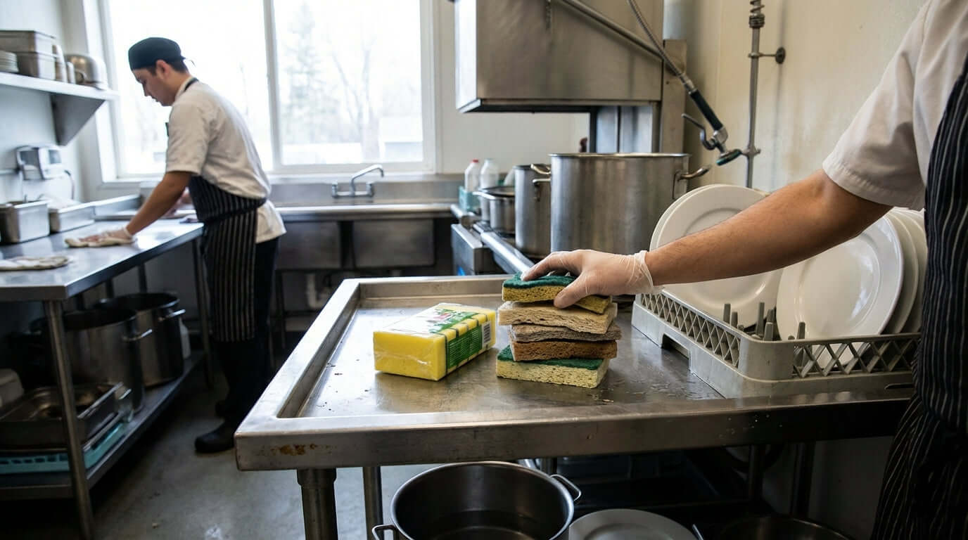 How Often Should You Replace Kitchen Sponges? A Food Service Sanitation Guide – food service worker stacking used sponges on prep table