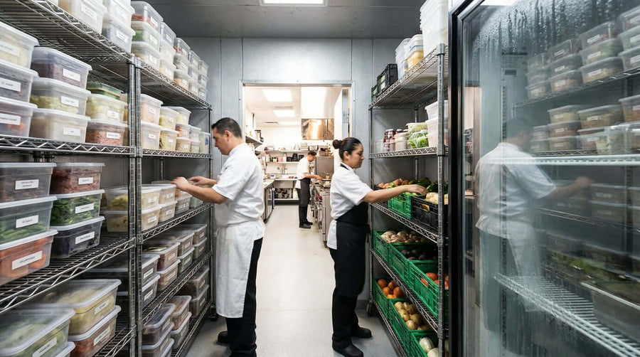 Alt Tag: Organize for Profit: Best Practices for Shelving and Storing in Your Walk-In with staff organizing labeled containers on walk-in shelves